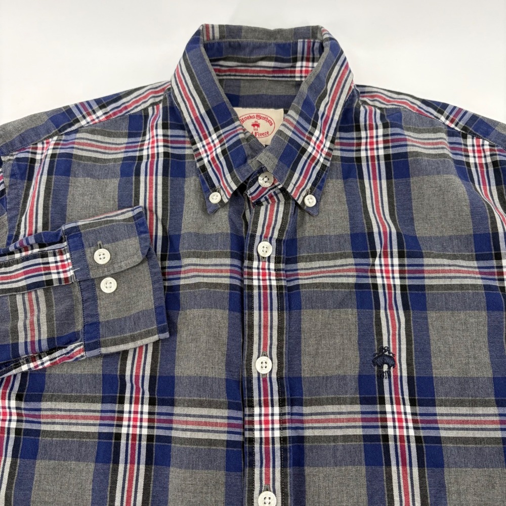 Brooks Brothers Red Fleece Mens‎ Small Plaid Shirt Grey Blue Red Cotton
